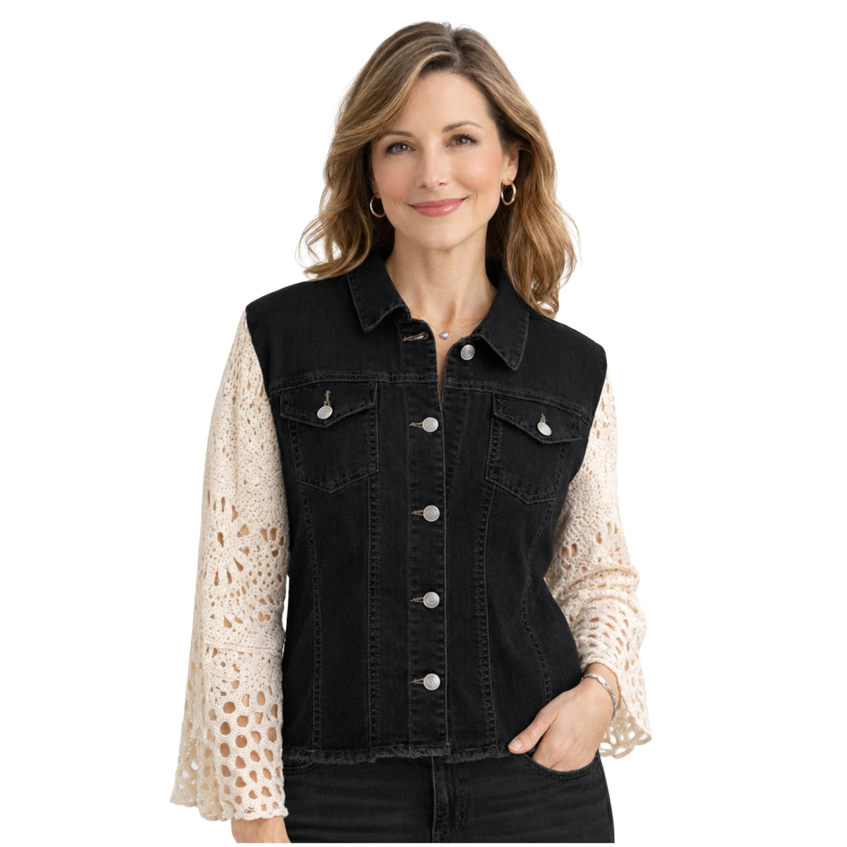 Origami Women's Black Denim Jacket with Natural Crochet Bell Sleeves
