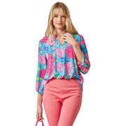 Dear Scarlett Womens Lizzy Relaxed Flowy High Low Blouse, Teal Multi