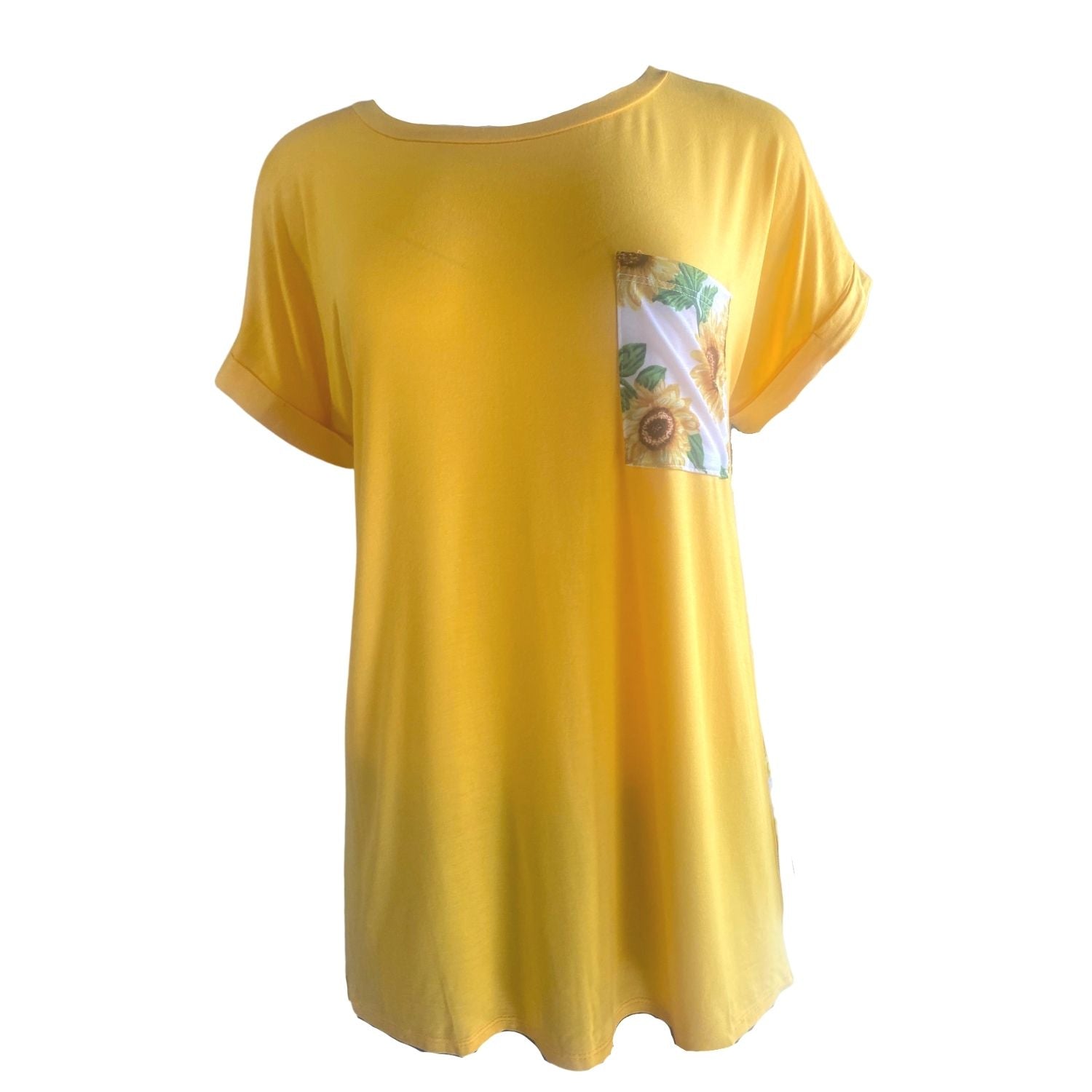 HoneyMe Womens Sunflower Print Rolled Short Sleeve Top