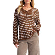 Easel Women's Two-Tone Wavy Stripe V-Neck Button Front Knit Sweater, Brown
