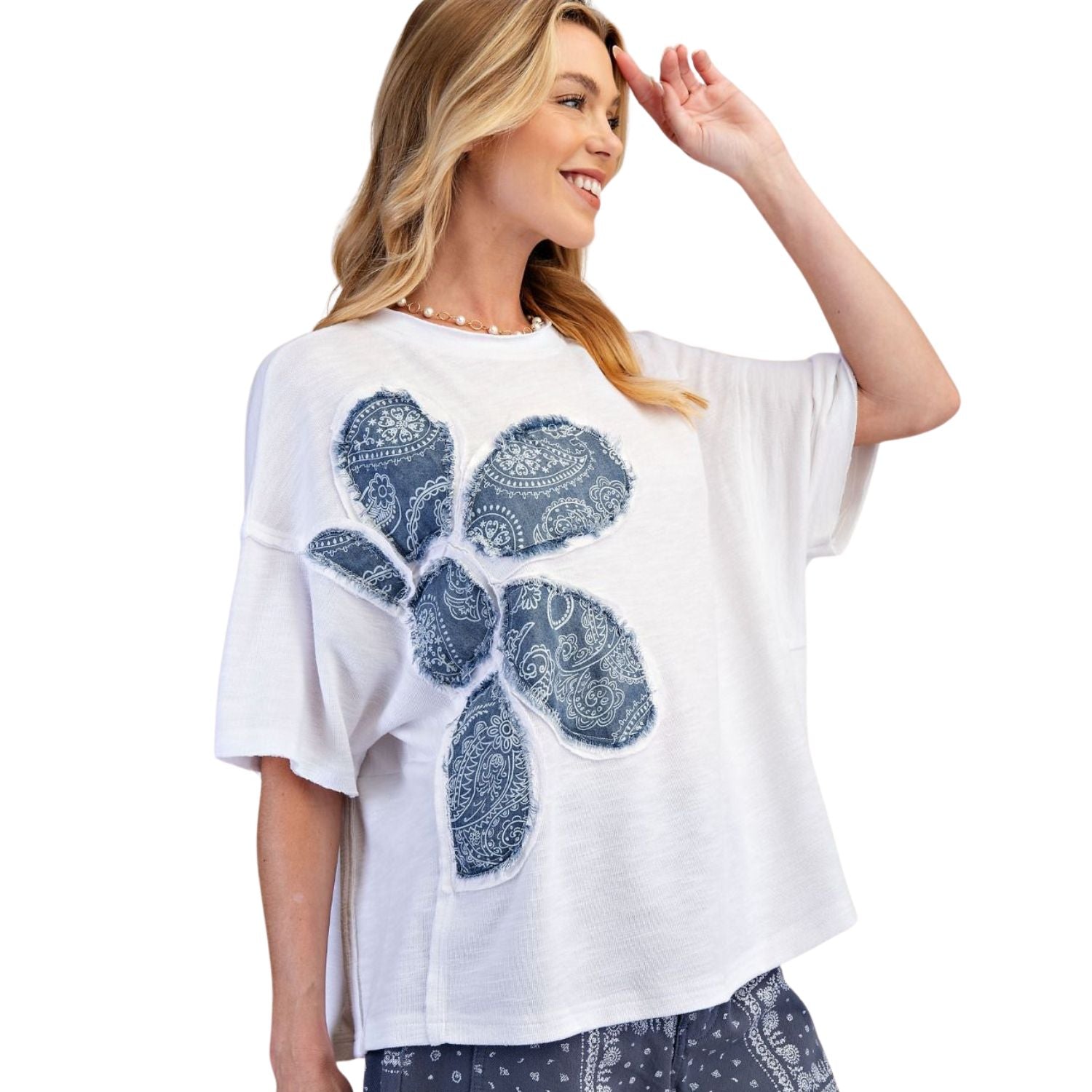 Easel Womens Floral Paisley Patch Washed Cotton Boxy Oversized Top- White