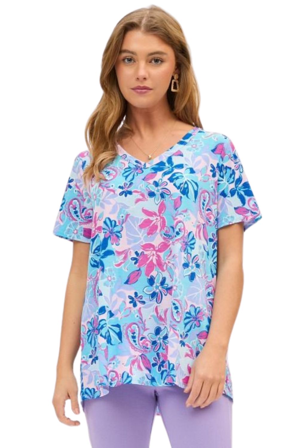 Dear Scarlett Womens Short Sleeve V-Neck Boyfriend Blouse, Blue Mauve