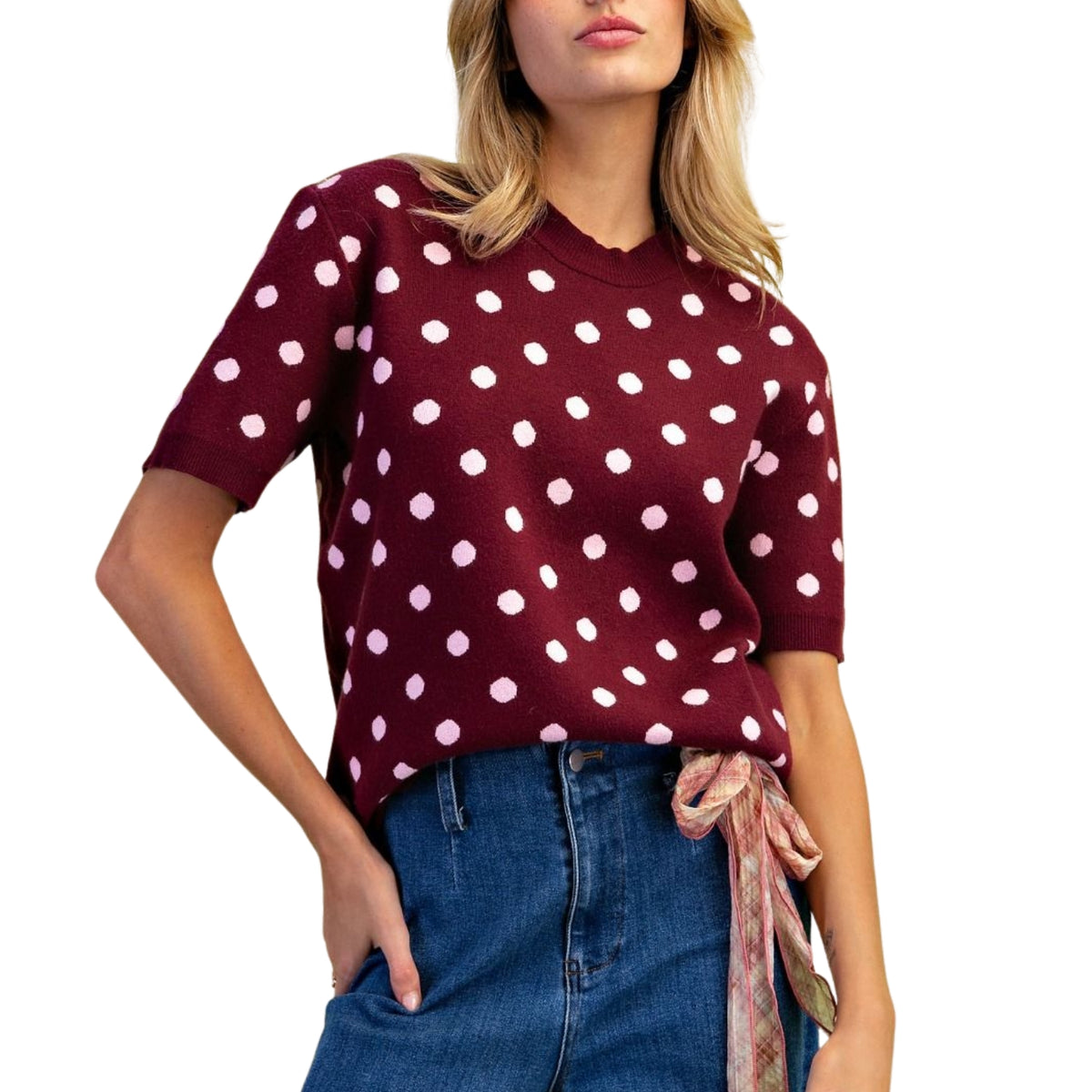 Easel Women's Polka Dot Pattern Knitted Sweater Top, Burgundy