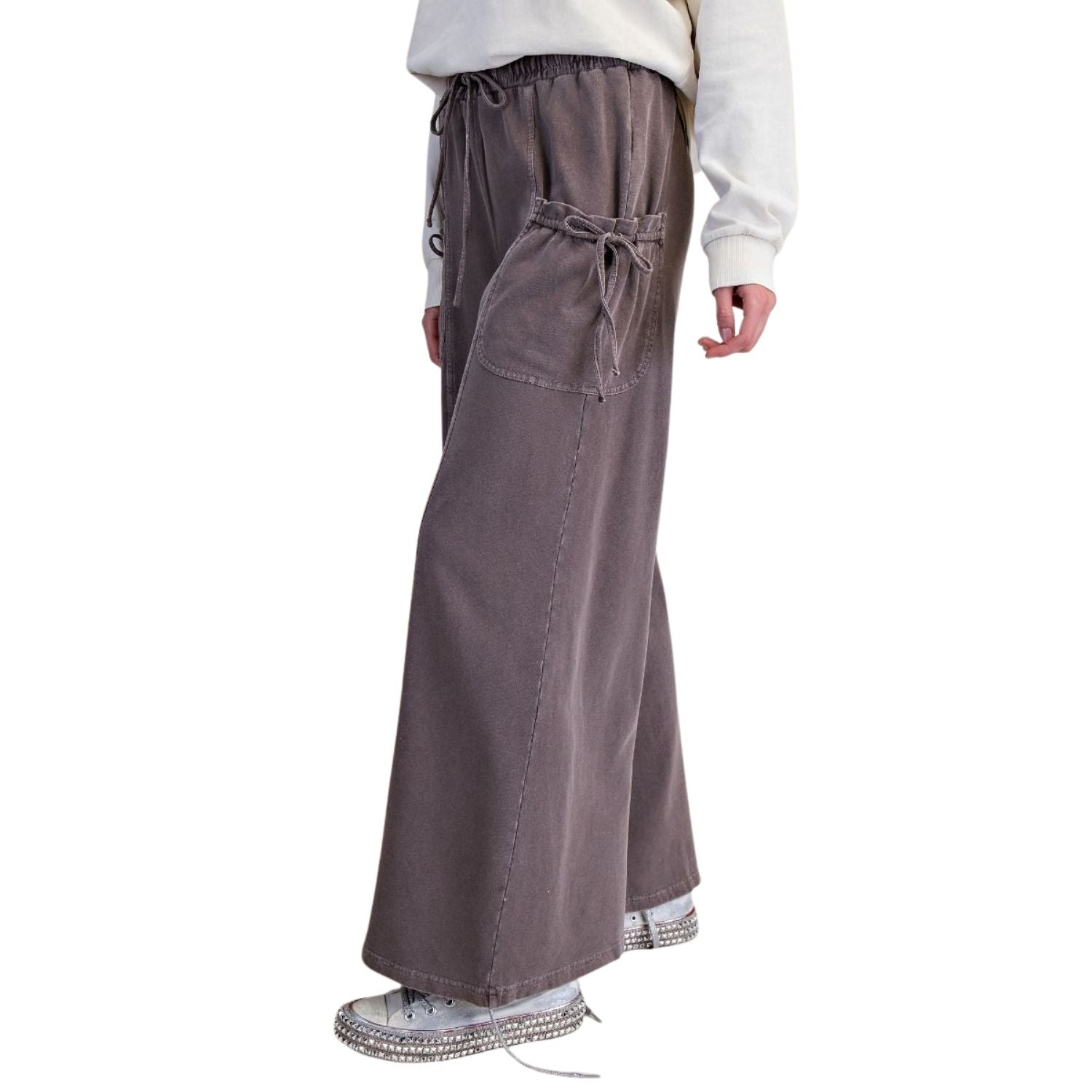 Easel Womens Mineral Washed Terry Knit Wide Leg Pants