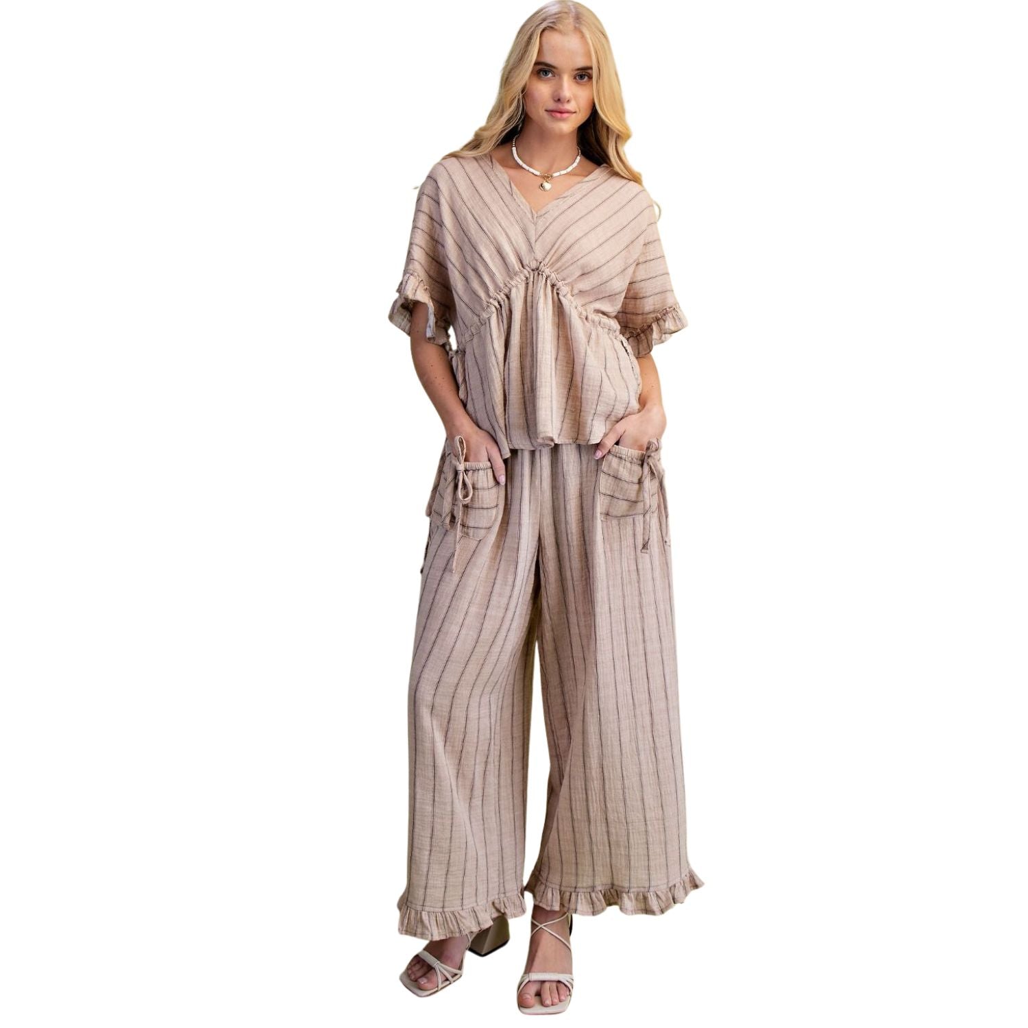Easel Womens Winged Ruffle Sleeve Striped Cotton Gauze V-Neck Top- Mocha