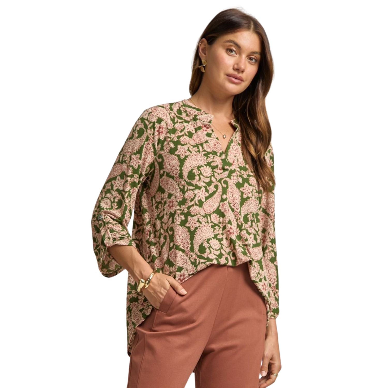 Dear Scarlett Womens Lizzy Relaxed Flowy High Low Blouse, Olive