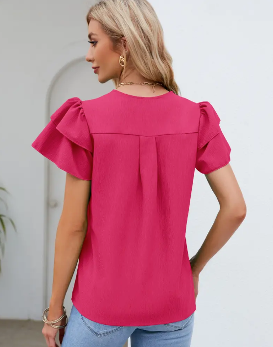 Ruffle Trim Solid Women's Blouse, Casual V Neck Layered Ruffle Sleeve