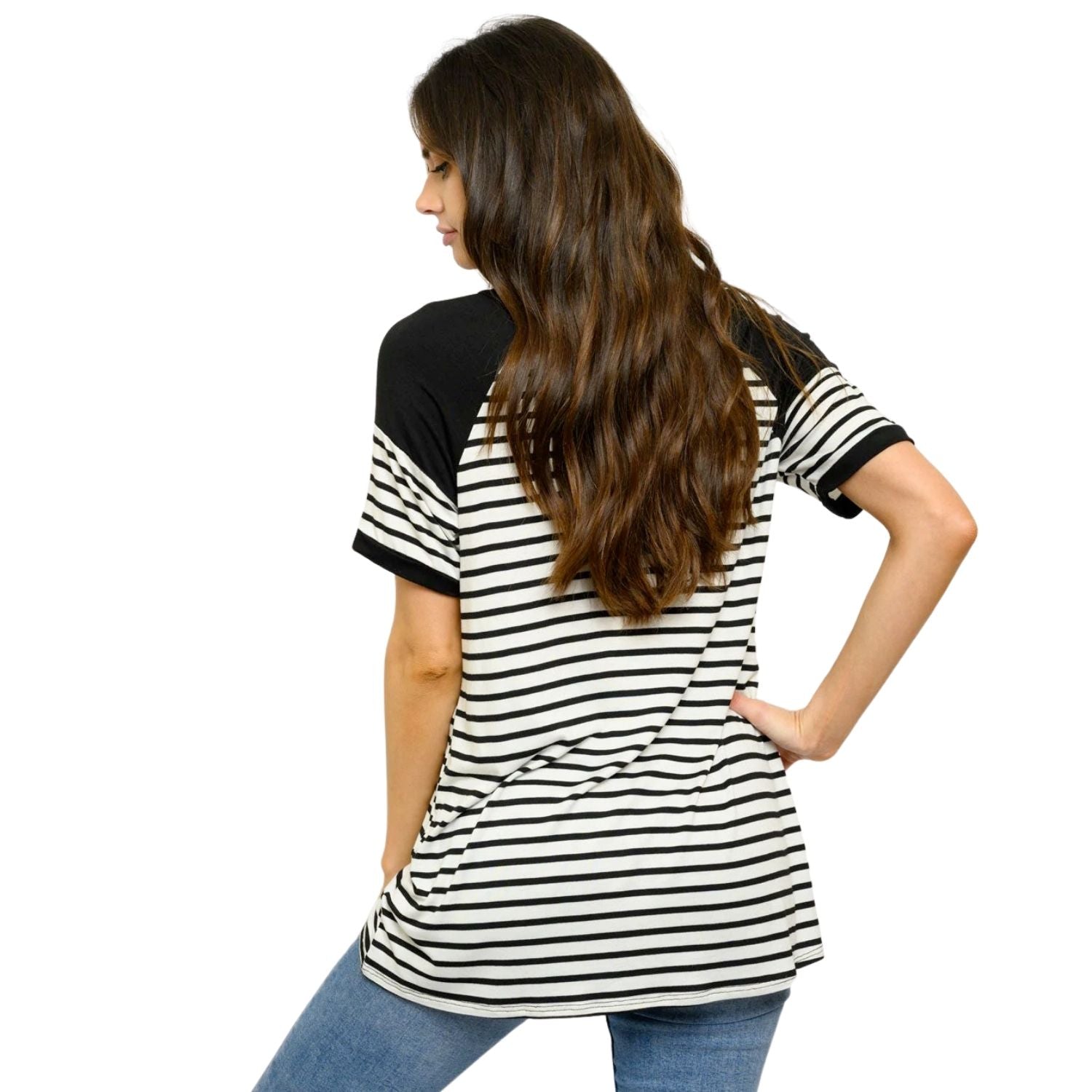 Heimish Womens V-Neck Striped Short Sleeve Top