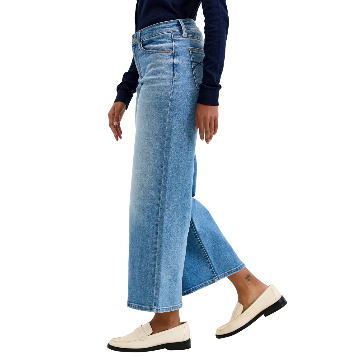 Judy Blue Womens Claudia Mid Rise Wide Leg Ankle Length Jeans- Medium Ease Blue