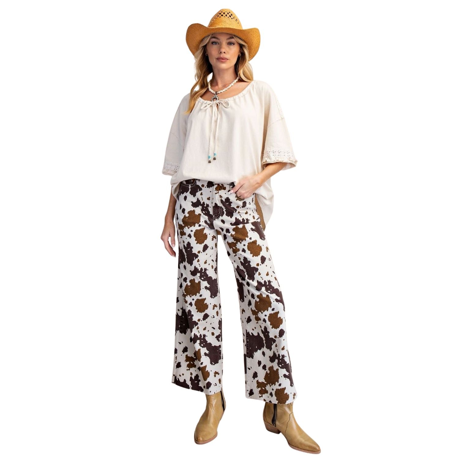 Easel Womens Cow Printed Relaxed Wide Leg Washed Stretch Twill Pants- Mushroom