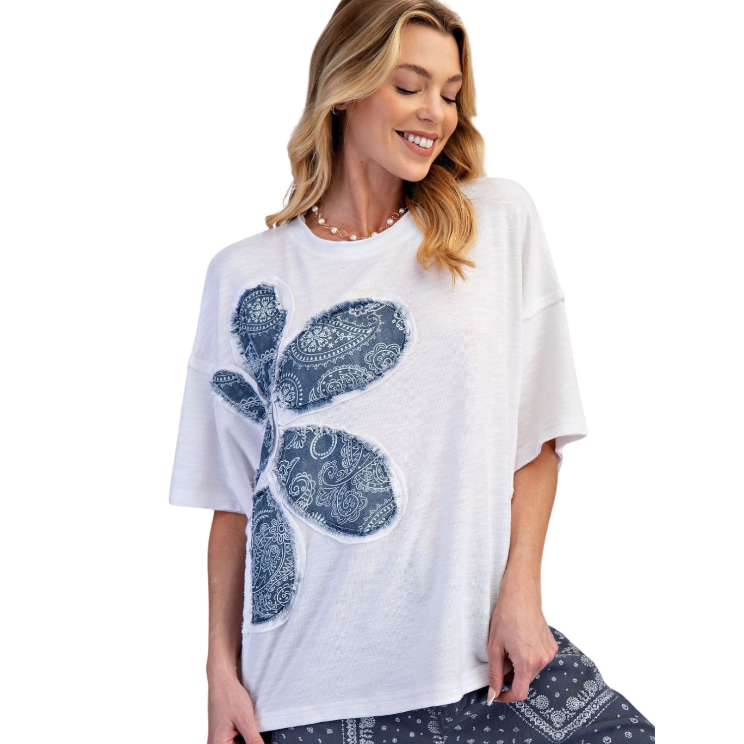 Easel Womens Floral Paisley Patch Washed Cotton Boxy Oversized Top- White
