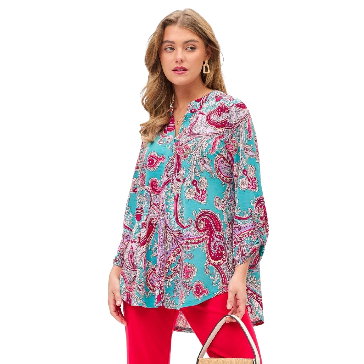 Dear Scarlett Womens Lizzy Relaxed Flowy High Low Blouse, Blue Multi