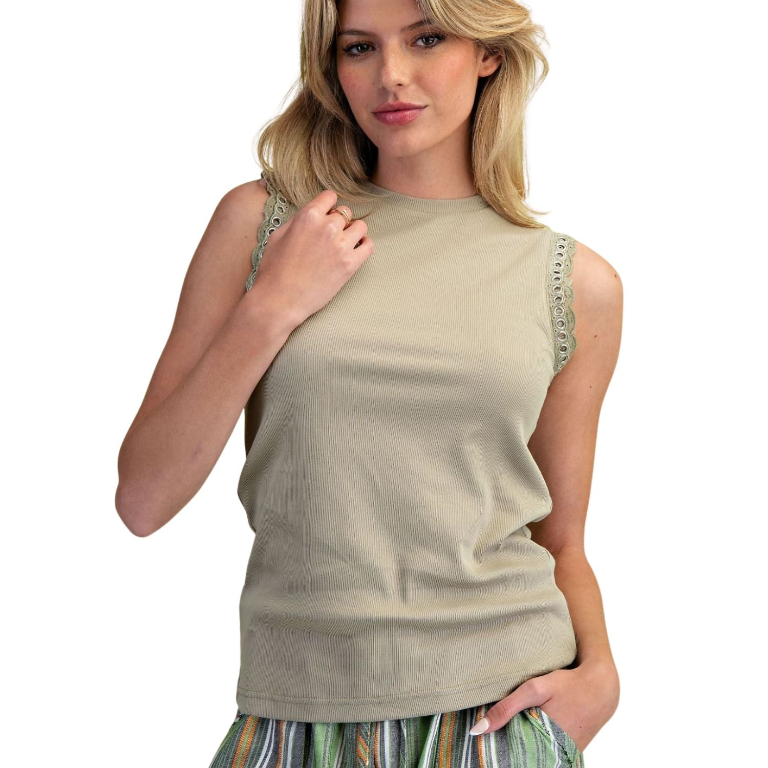 Easel Womens Babyrib Knit Tank Top With Grommet Lace Detail- Faded Sage