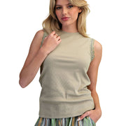 Easel Womens Babyrib Knit Tank Top With Grommet Lace Detail- Faded Sage