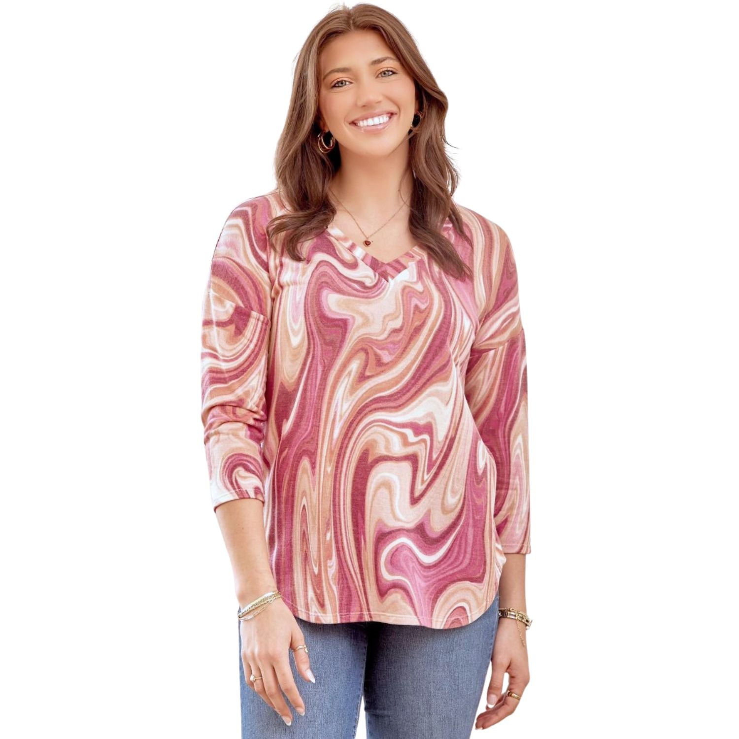 Dear Scarlett Womens Knit V-Neck 3/4 Sleeve Tunic Top, Mocha Pink