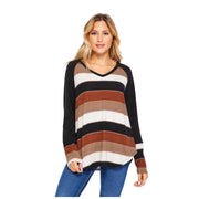 HoneyMe Womens Long Sleeve V-neck Lightweight Knit Sweater, Black Mocha Stripe