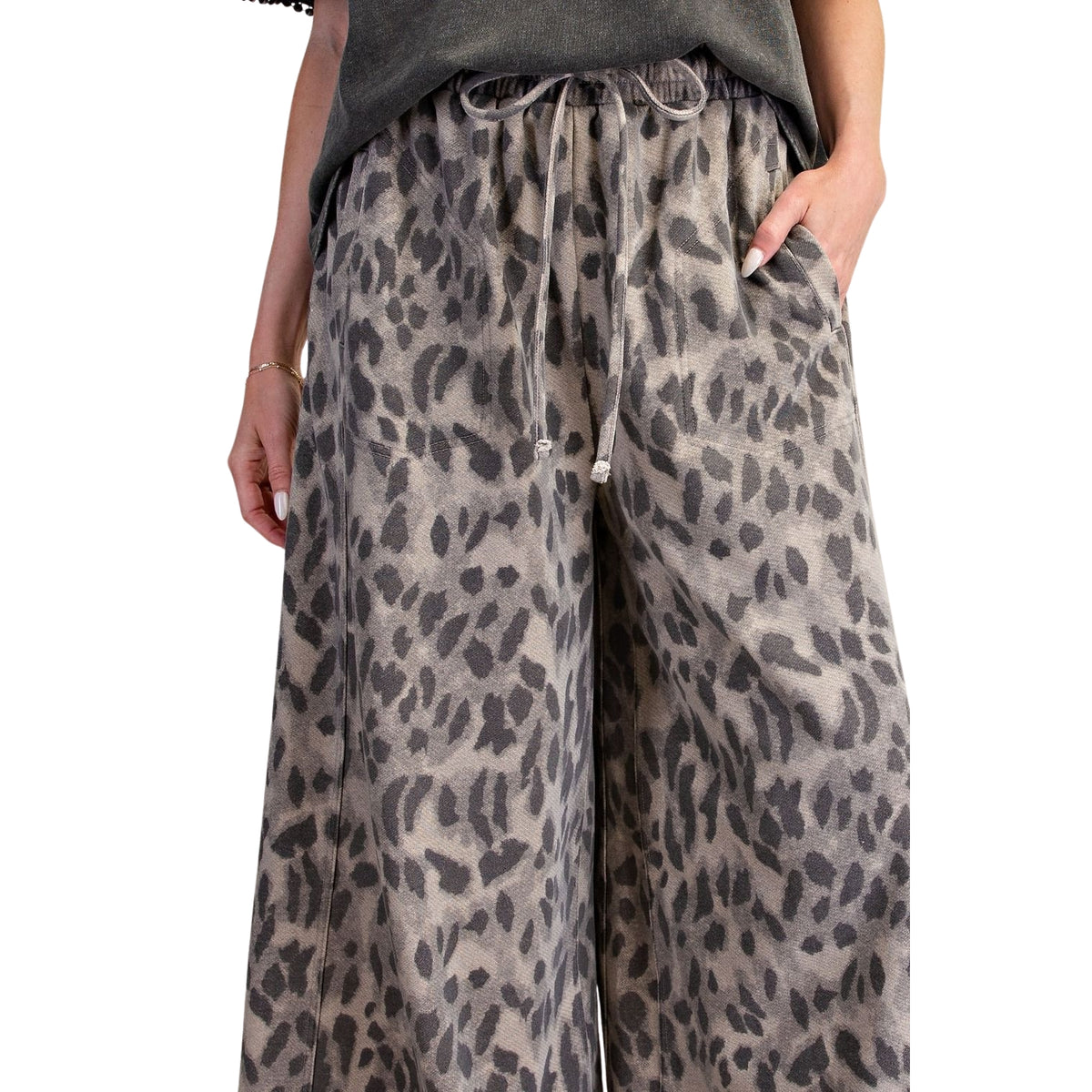 Easel Women's Mineral Washed Leopard Print Wide Leg Terry Knit Pants, Ash