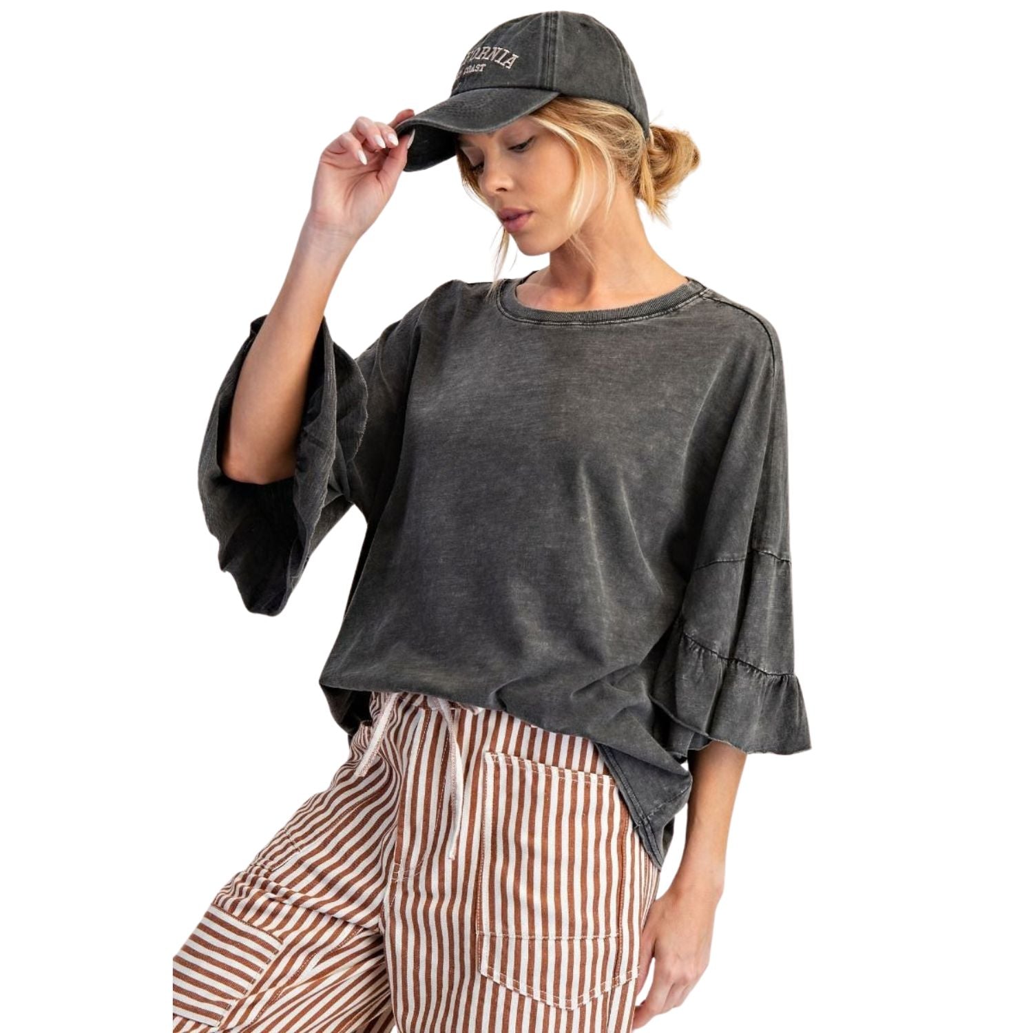 Easel Womens Winged Ruffle Sleeve Washed Cotton Slub Top- Black