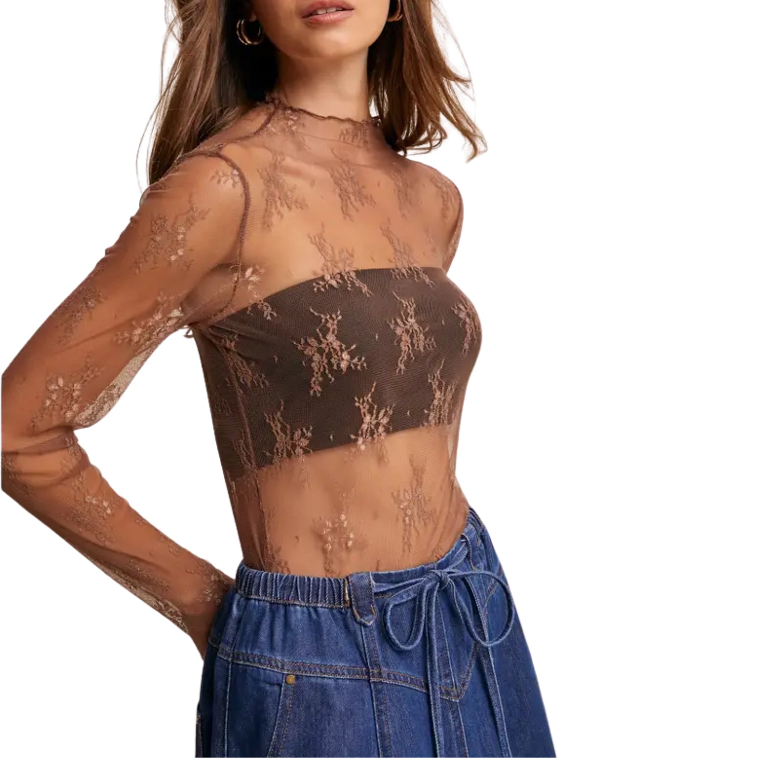 Listicle Women's Sheer Floral Lace Long Sleeve Top, Mocha
