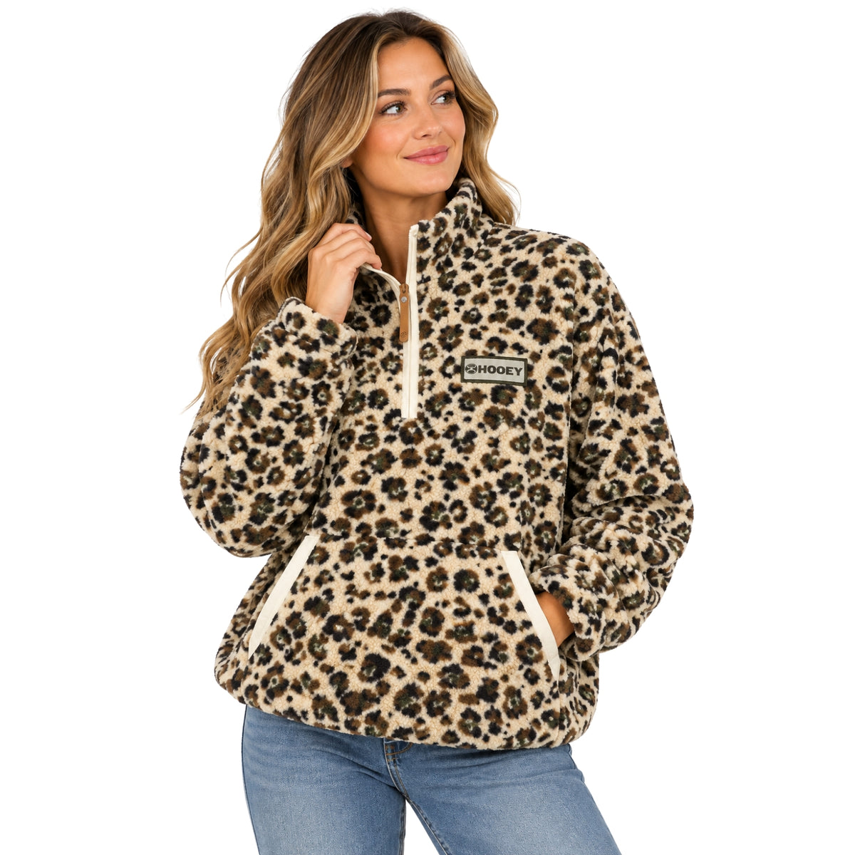 Hooey Women's Kodi Ultra Soft Teddy Fleece Quarter Zip Pullover, Tan Leopard