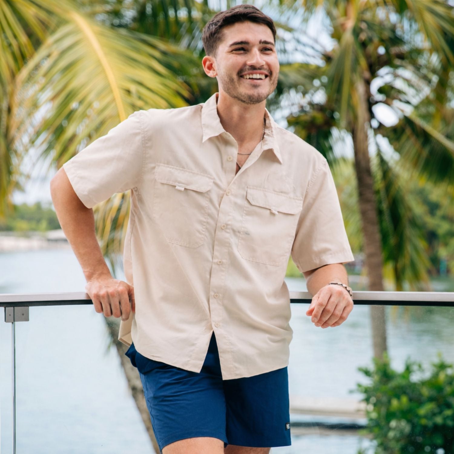 Heat Swimwear Mens Fisherman Short Sleeve Lightweight Button Front Shirt- Tan