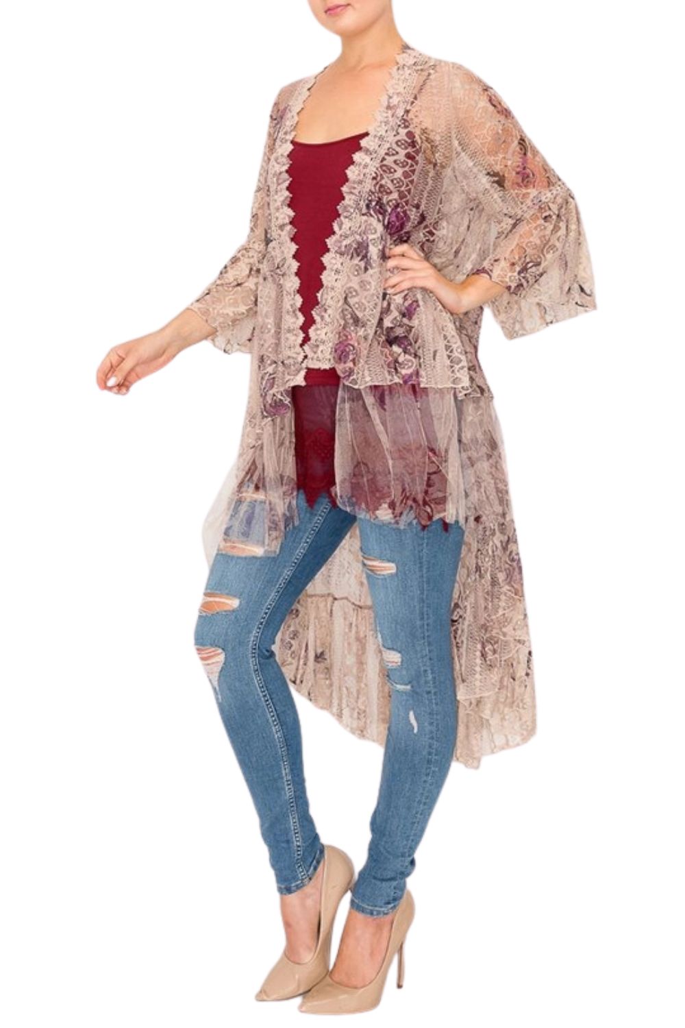 Origami Lace Western Vintage Bohemian Hi Lo Cardigan - Taupe 2 Rose Duster