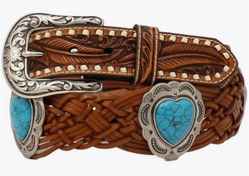 Angel Ranch Western Leather Womens Belt Heart Turquoise Concho Braided Tooled, M