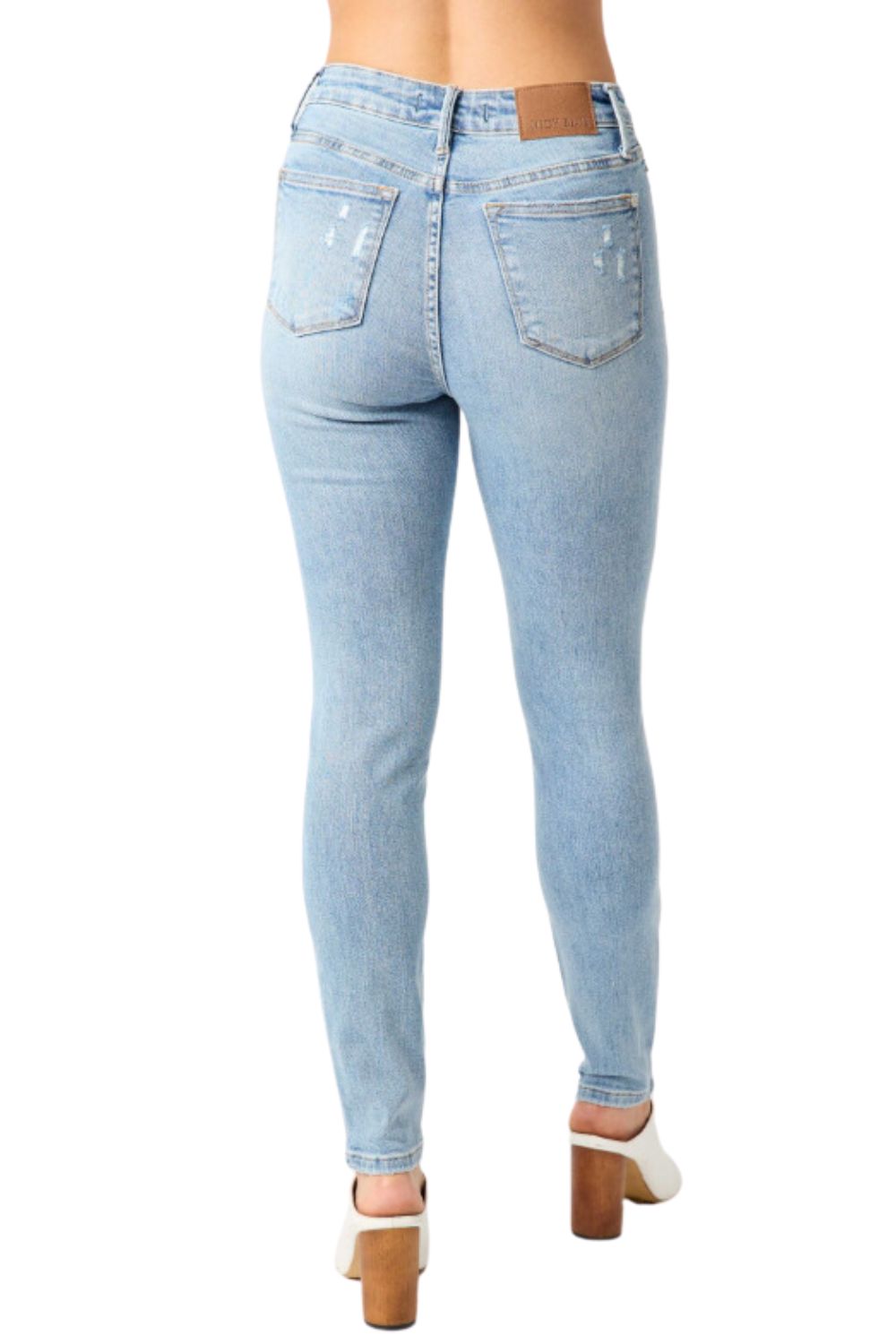 Judy Blue Womens Mid Rise Tummy Control Destroyed Knee Skinny Jeans