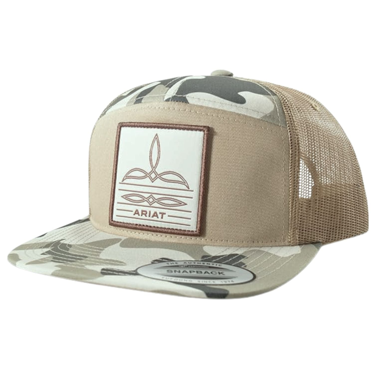 Ariat Mens Boot Stitch Patch Adjustable Snapback Cap Hat, Tan/Camo