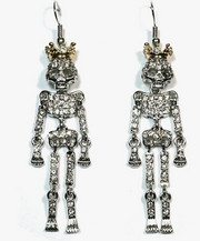 Crystal Crowned Skull Pave Rhinestone King Skeleton Earrings, Silver Toned