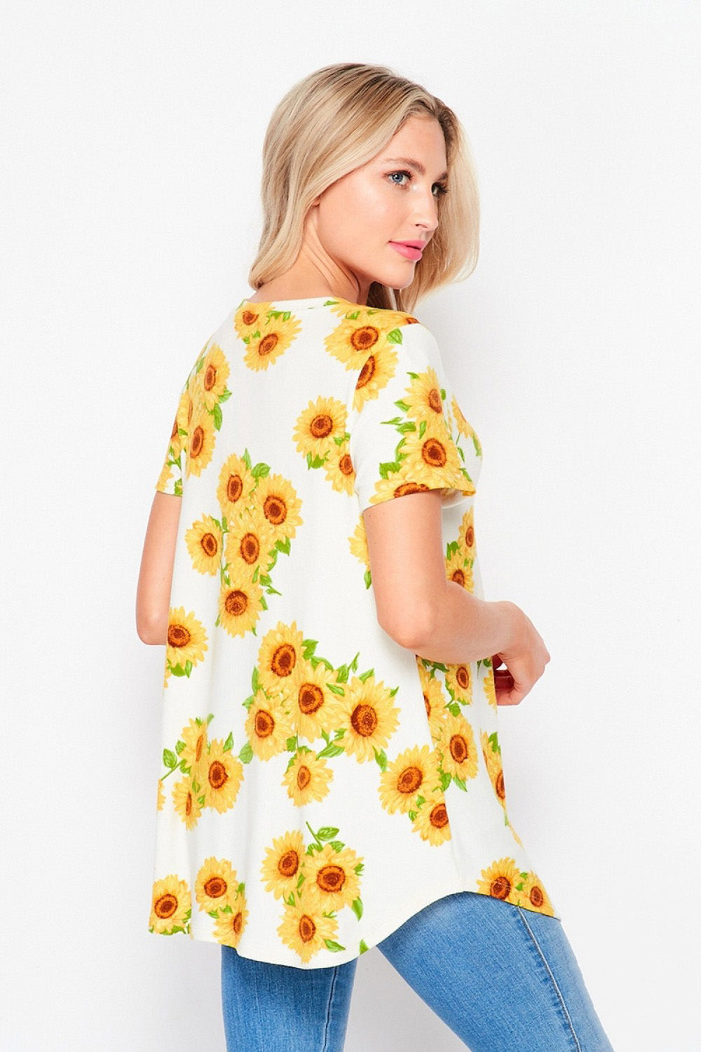 HoneyMe Womens Sunflower Print Short Sleeve Tunic Top