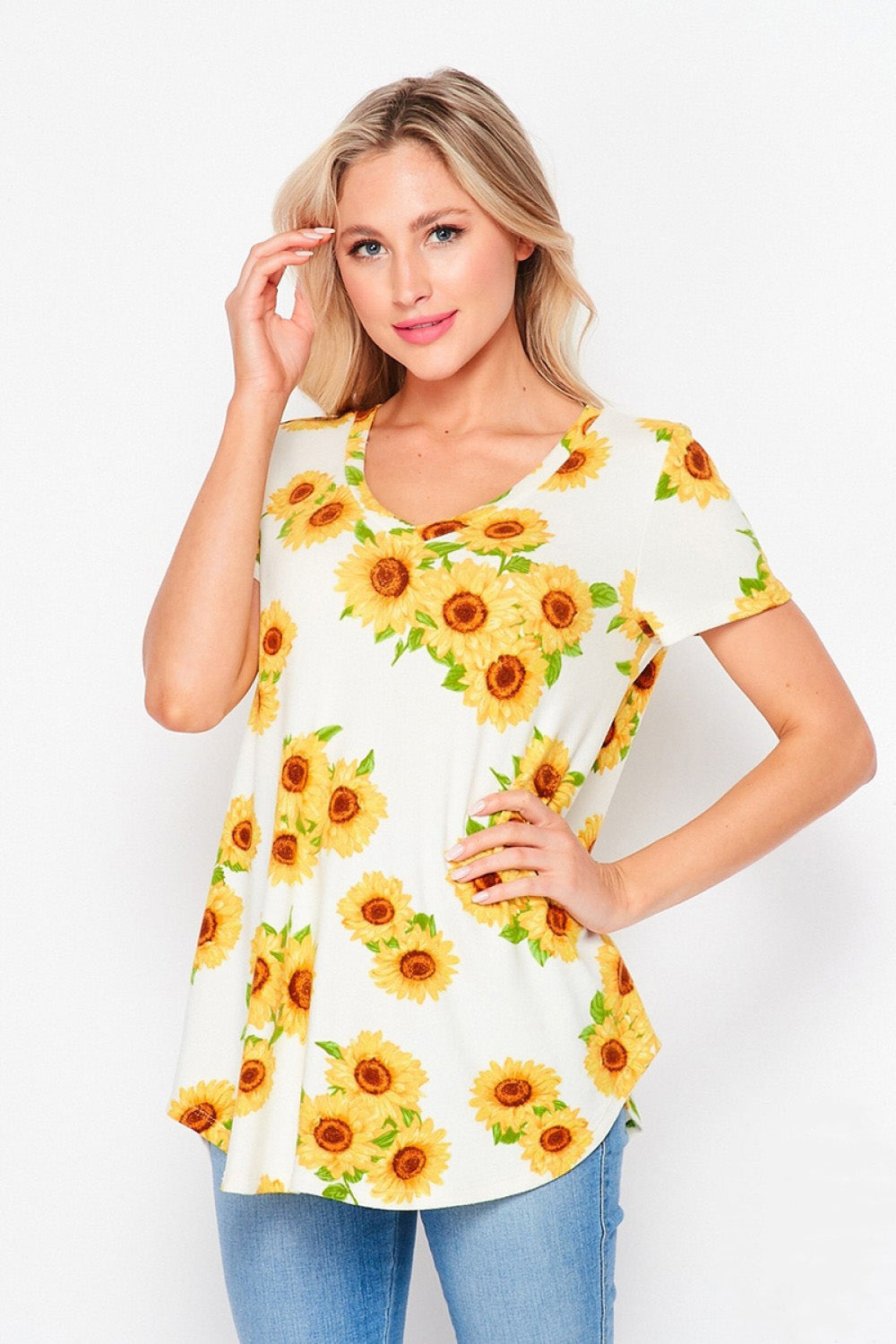 HoneyMe Womens Sunflower Print Short Sleeve Tunic Top