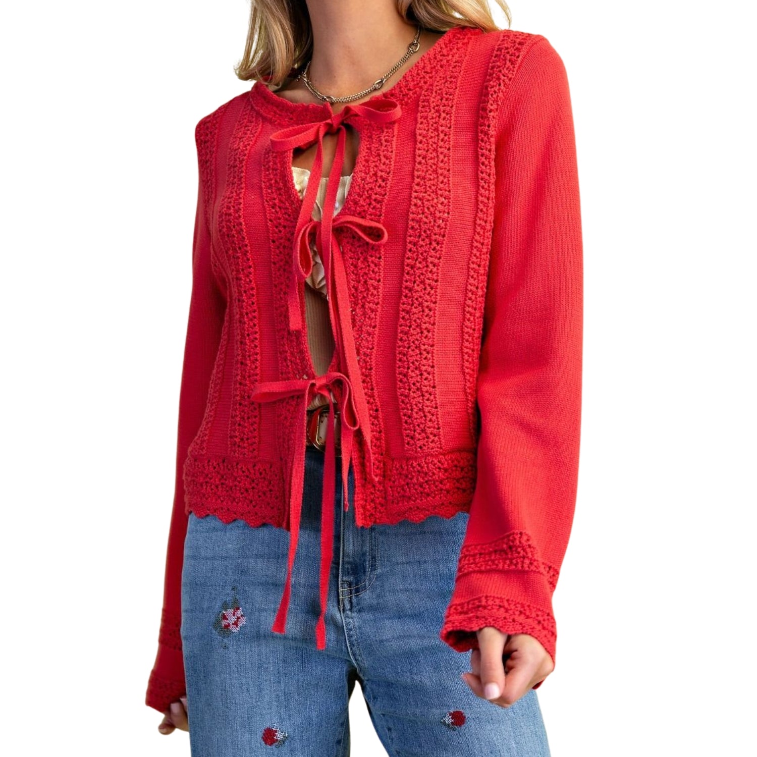 Easel Women's Crochet Trim Tie-Front Cotton Knit Cardigan Sweater, Antique Coral