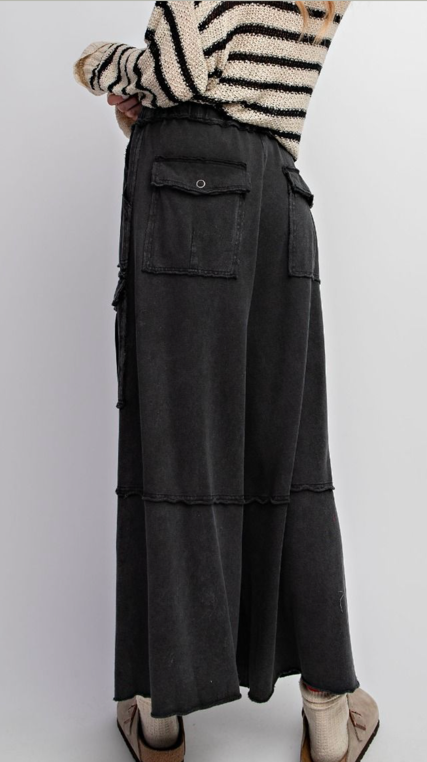 Easel Womens Utility Mineral Washed Wide Leg Terry Knit Cargo Pant, Black