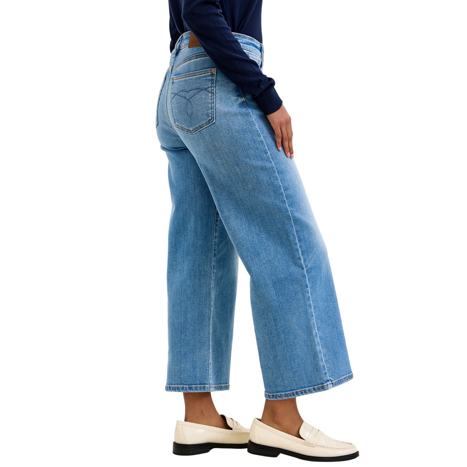 Judy Blue Womens Claudia Mid Rise Wide Leg Ankle Length Jeans- Medium Ease Blue