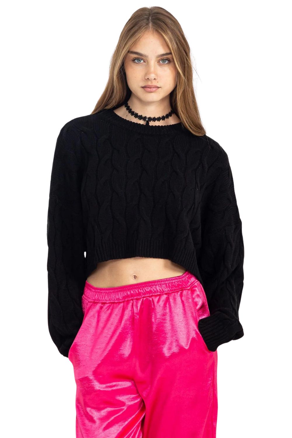 HYFVE Womens Weekend Ready Cable Knit Long Sleeve Crop Sweater