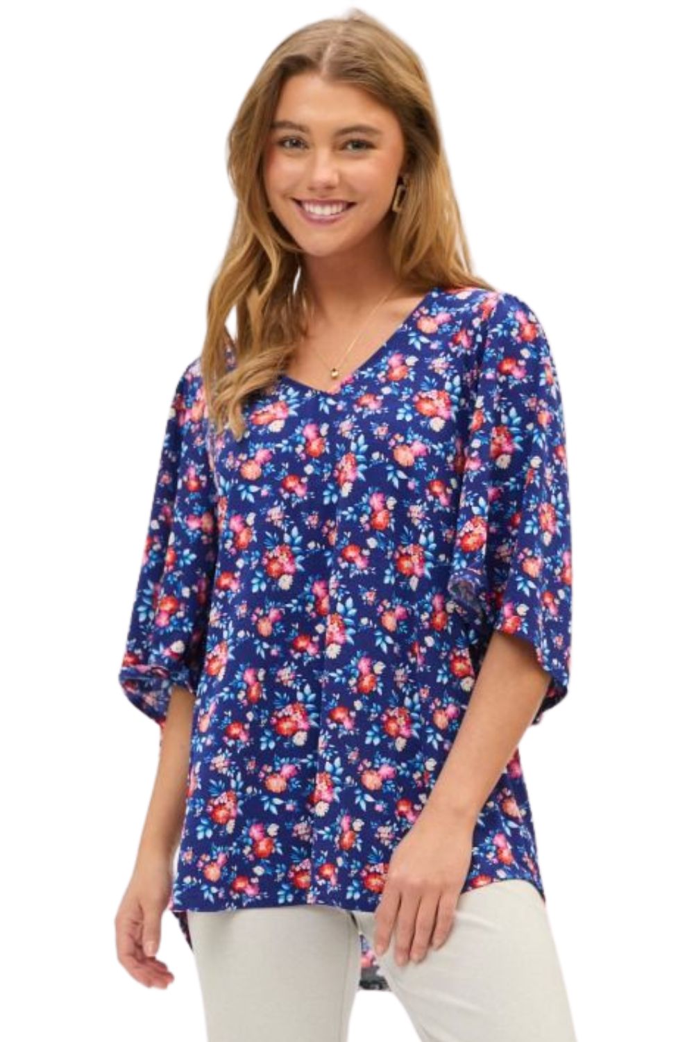 Dear Scarlett Womens V-Neck Half Sleeve Cali Blouse, Navy