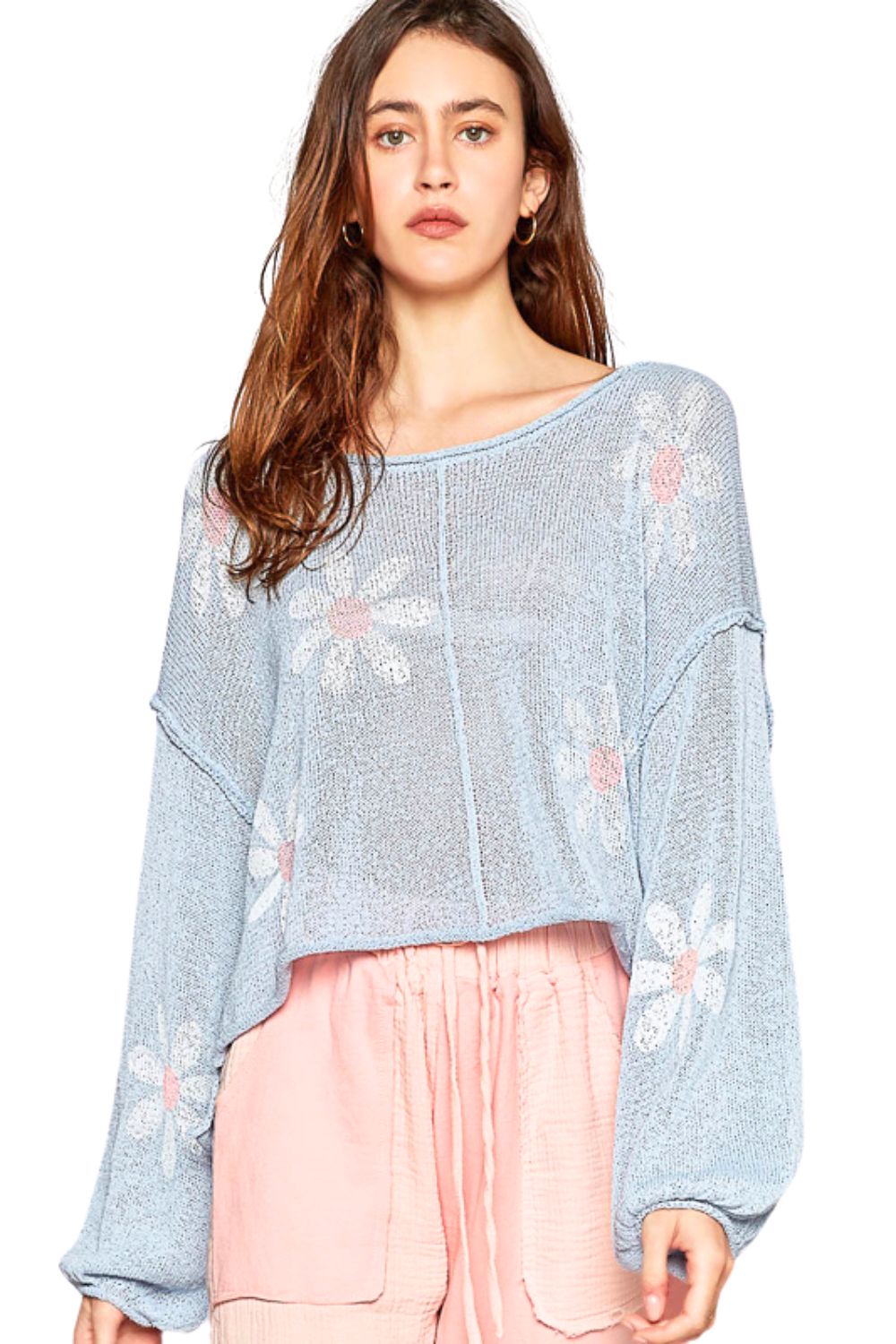 POL Clothing Womens Floral Print Balloon Sleeve Pullover Sweater