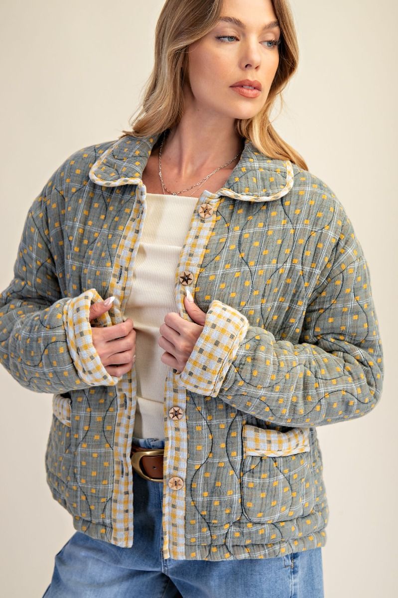Easel Womens Oversized Gingham and Plaid Quilted Jacket
