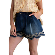 Easel Womens Floral Embroidered Hem Relaxed Easy Fit Denim Shorts- Dark Denim