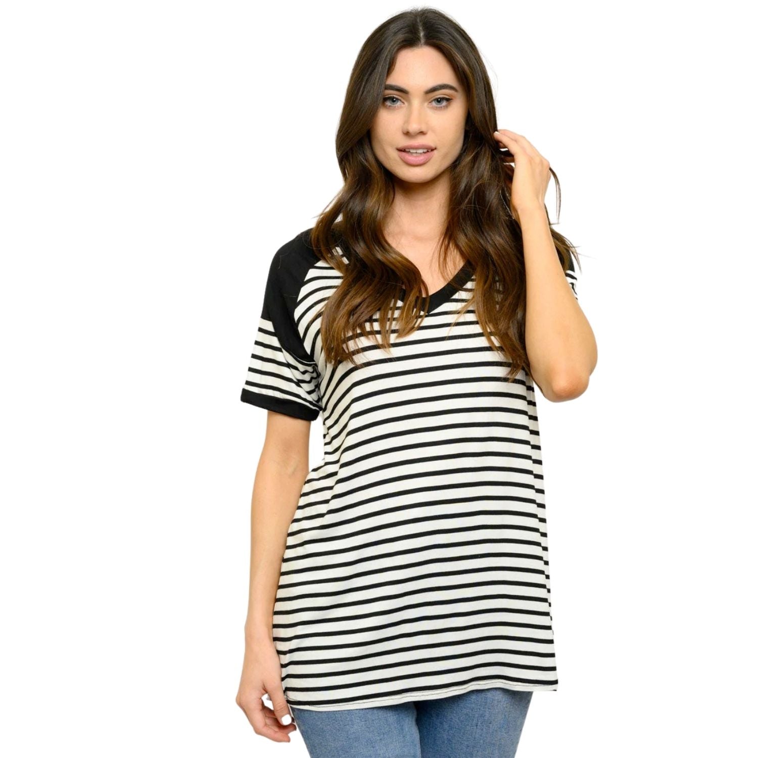 Heimish Womens V-Neck Striped Short Sleeve Top
