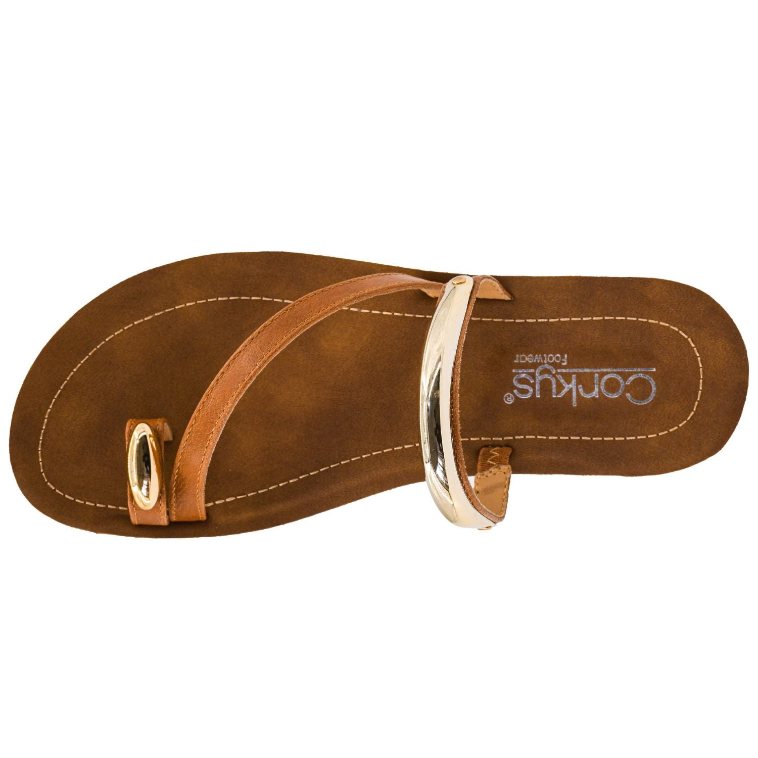 Corkys Footwear Hit The Strip Strappy Sandals with Gold Embellishments, Cognac