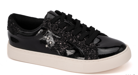 Hey Girl by Corkys Supernova Glitter Star Sneaker, Black Patent