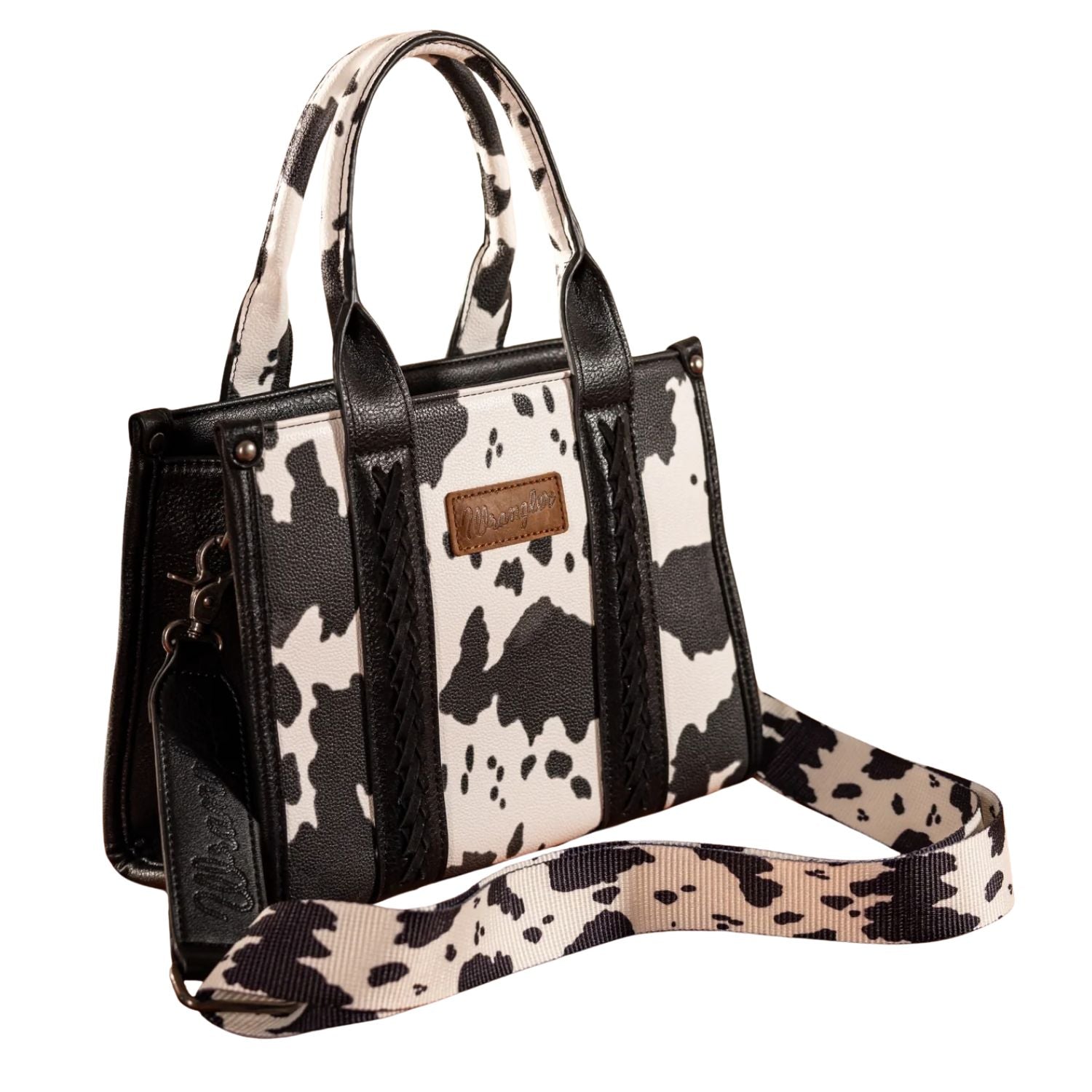 Wrangler Cow Print PU Leather Concealed Carry Tote Crossbody Purse- Black/Cow