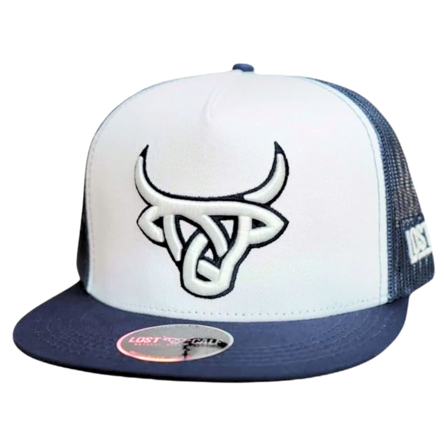 Lost Calf Mens Nova Flat Bill Adjustable Snapback Cap Hat, White/Navy