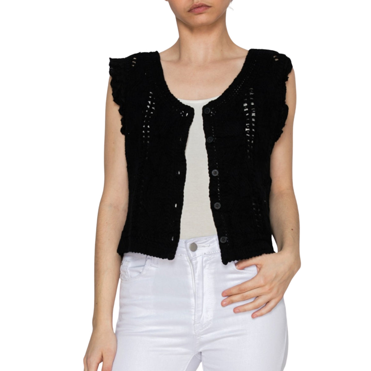 Origami Women's Short Crochet Button Front Vest, Black
