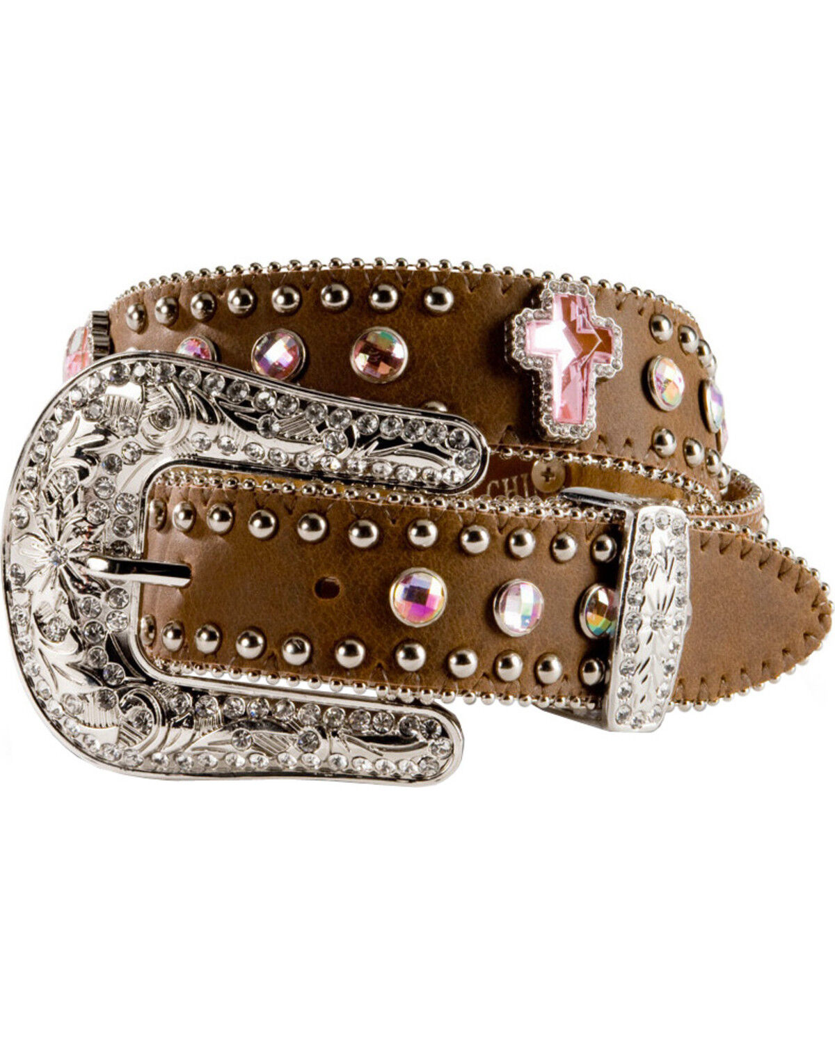 Nocona Girls Rhinestone Studded Cross Leather Belt- Pink and Brown