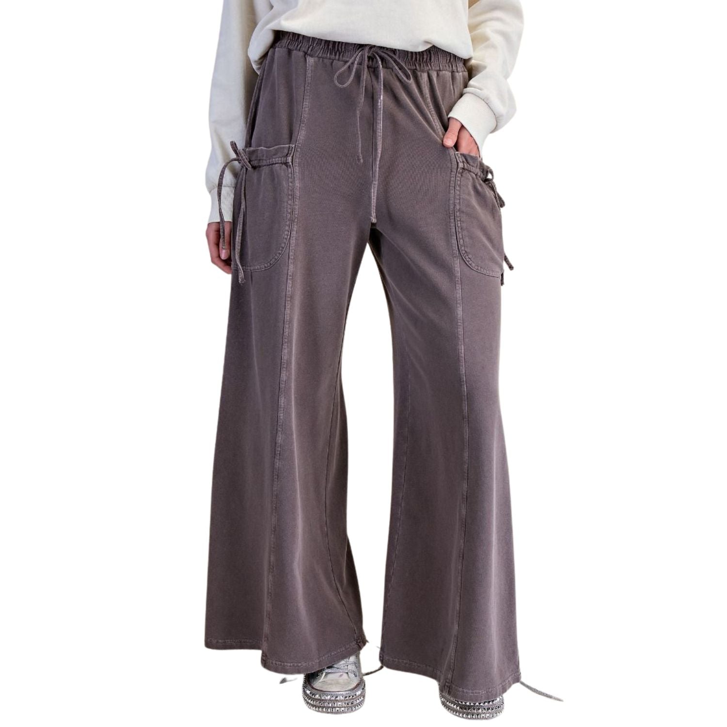 Easel Womens Mineral Washed Terry Knit Wide Leg Pants