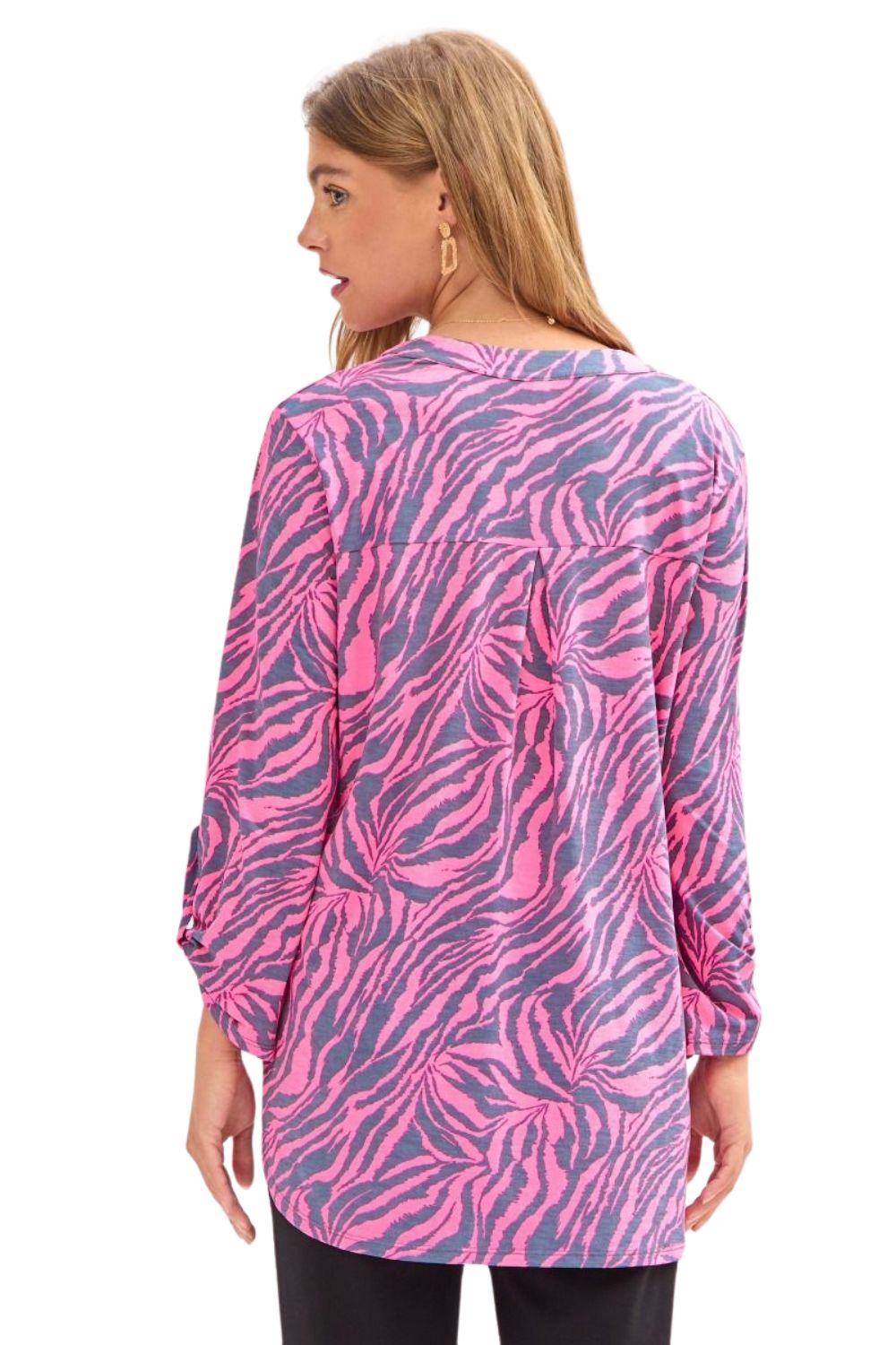 Dear Scarlett Womens Lizzy Relaxed Flowy High Low Blouse, Grey Pink