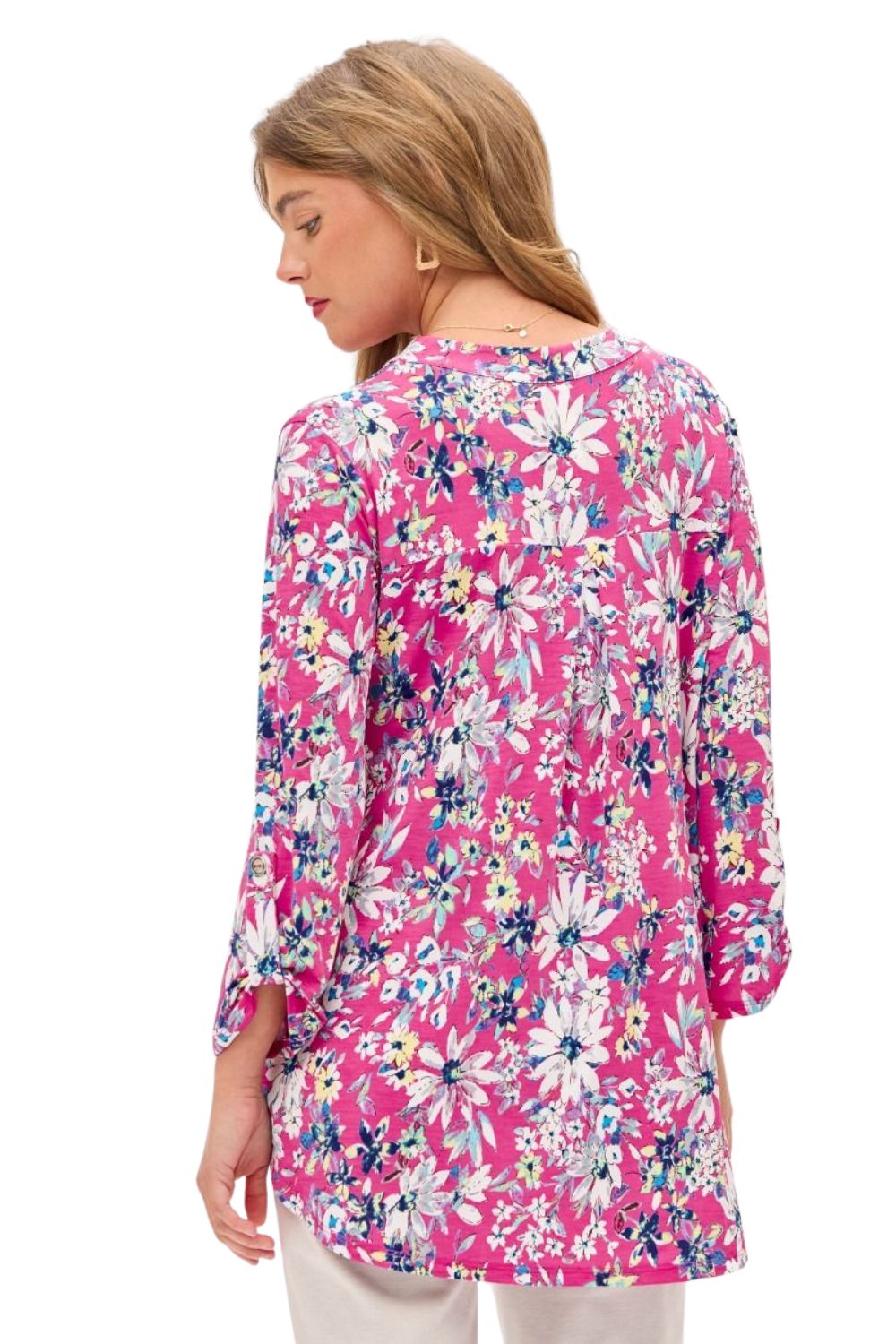 Dear Scarlett Womens Lizzy Relaxed Flowy High Low Blouse, Magenta Multi